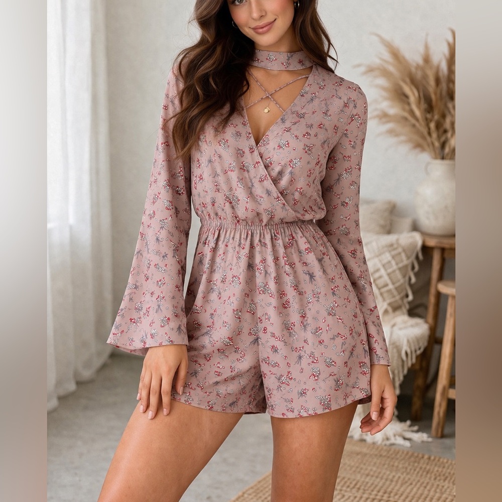 Dance & Marvel Dusty Rose Floral Chiffon Long-Sleeve Romper